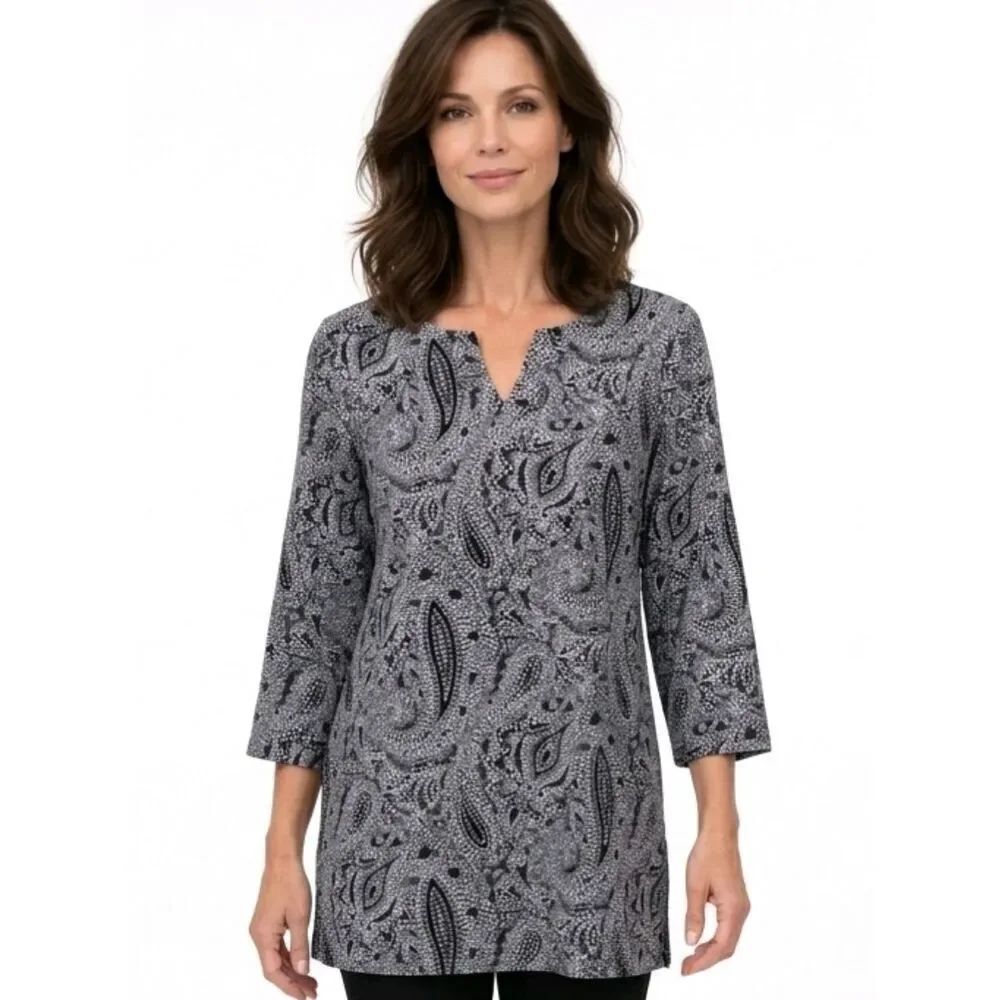 Craft & Barrow Navy Blue Paisley Split Neck 3/4 Sleeve Stretch Tunic Size L